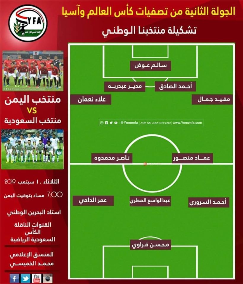 تعرف على تشكيلة منتخب اليمن بمواجهة السعودية