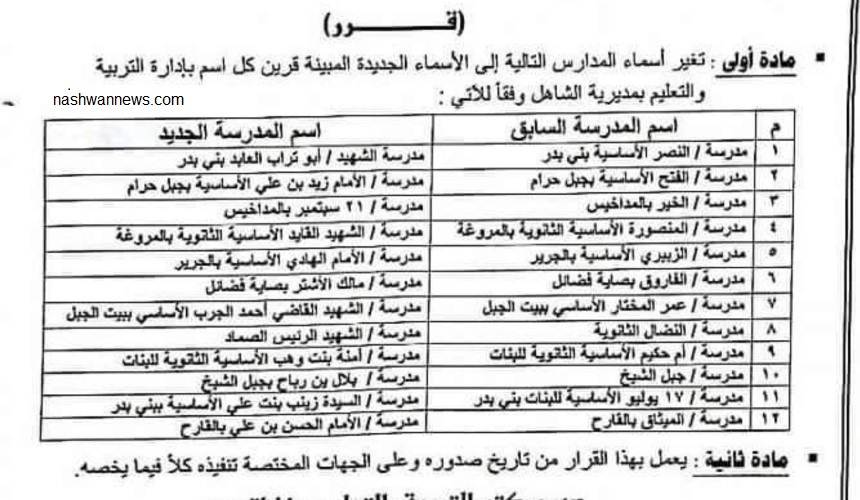 وثيقة جديدة تكشف موجة قرارات حوثية بتغيير أسماء المدارس - النص